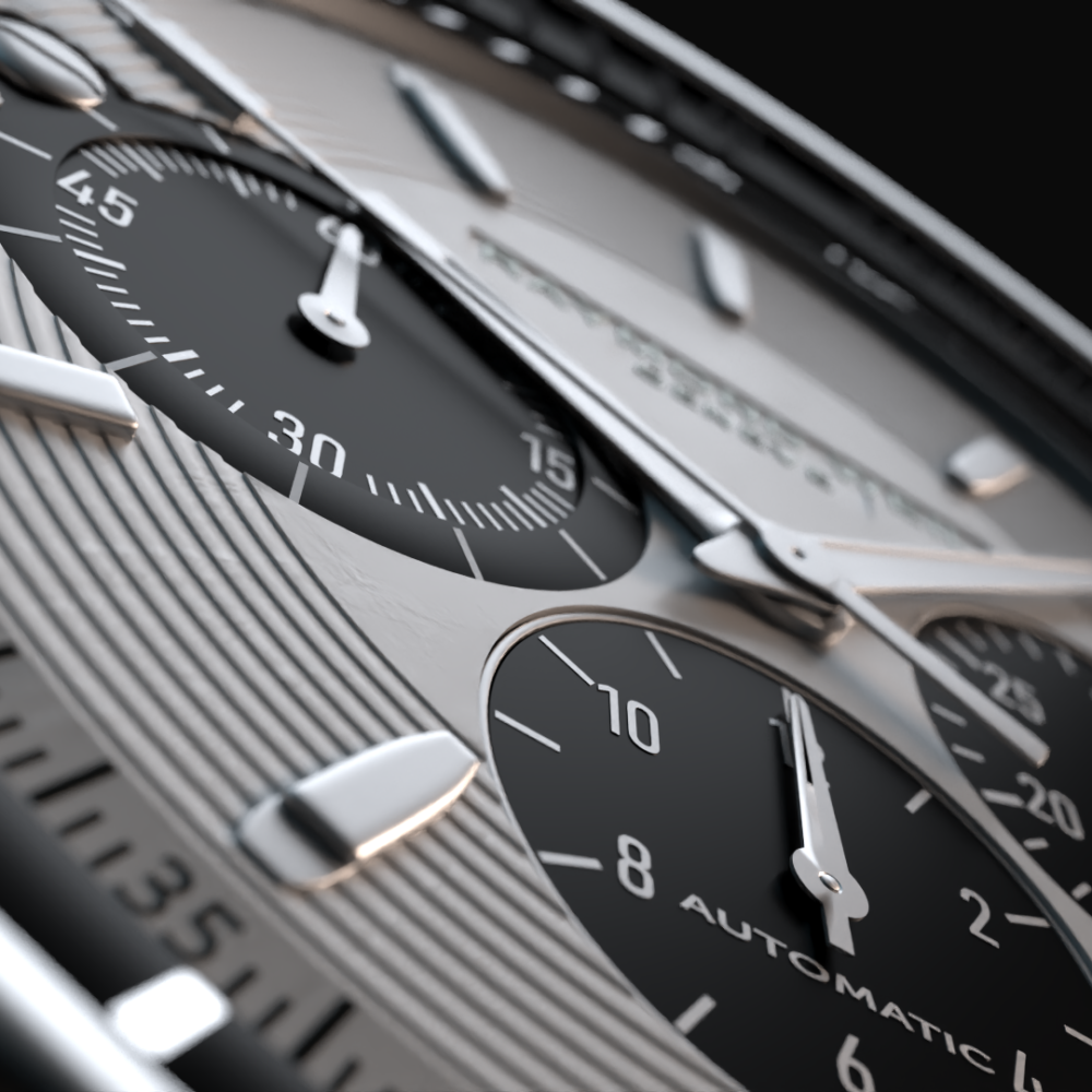 Macro render of an automatic chronograph watch